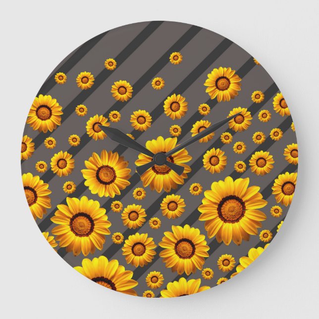 Relógio Grande Lindas flores amarelas nas cinzas, faixas pretas (Frente)
