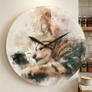 Relógio Grande Lindo e fofo gatinho dormindo aquarela