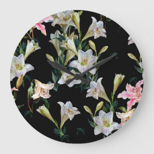 Relógio Grande Lírios florais: pintura preta de fundo