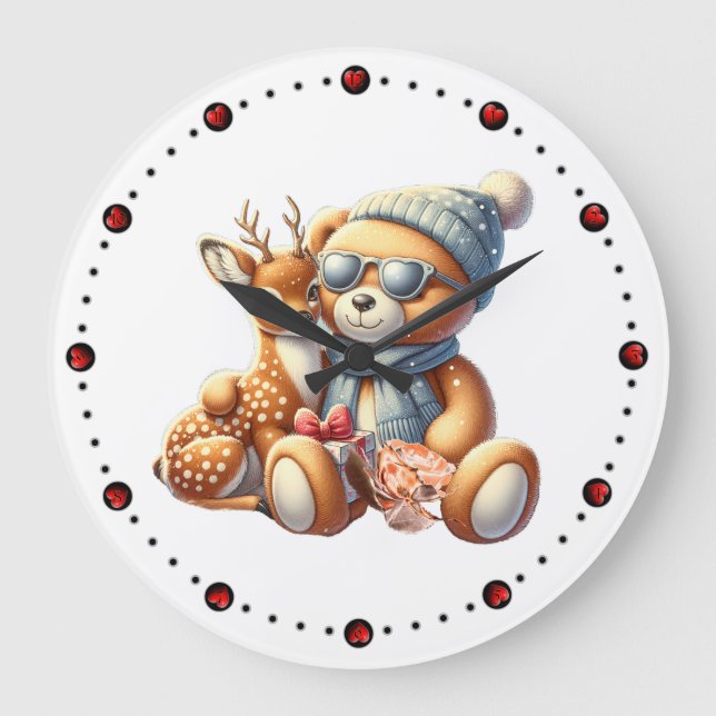 Relógio Grande Little bear with fawn in arms winter Christmas (Frente)