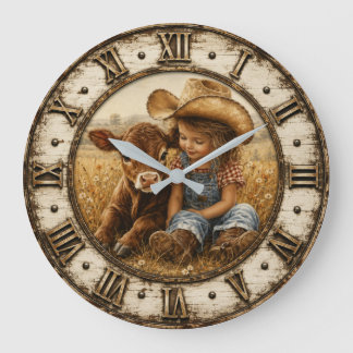 Relógio Grande Little Cowgirl and Baby Calf Rustic Farmhouse
