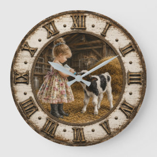 Relógio Grande Little Farm Girl Feeding Baby Calf Farmhouse