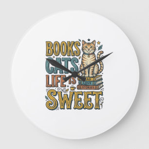Relógio Grande Livros Gatos A Vida É Doce Design de Leitor de Gat