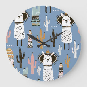 Relógio Grande Llama, Cactus, Padrão De Elementos Desenhados À Mã