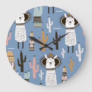 Relógio Grande Llama, Cactus, Padrão De Elementos Desenhados À Mã