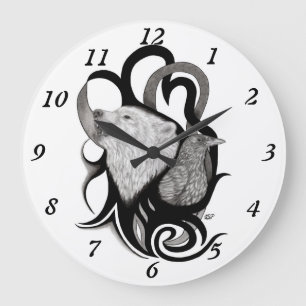 Relógio Grande Lobo Branco com Arte Tribal Raven