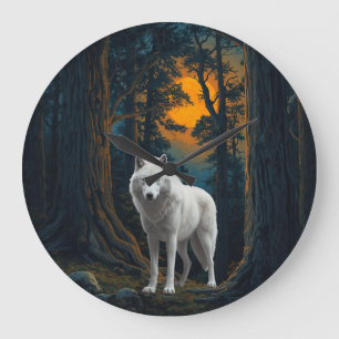 Relógio Grande Lobo Branco Selvagem Sob a Luz da Lua Animal da Fl