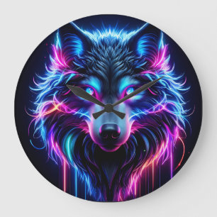 Relógio Grande Lobo Neon Olhos Brilhantes Animal Futurista Cyberp