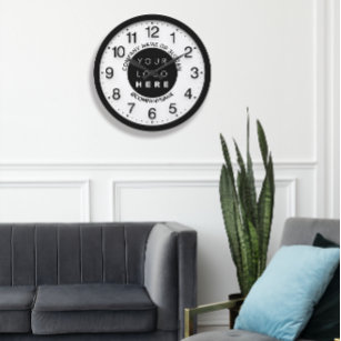 Relógio Grande Logotipo da empresa Black White Silver Name Slogan