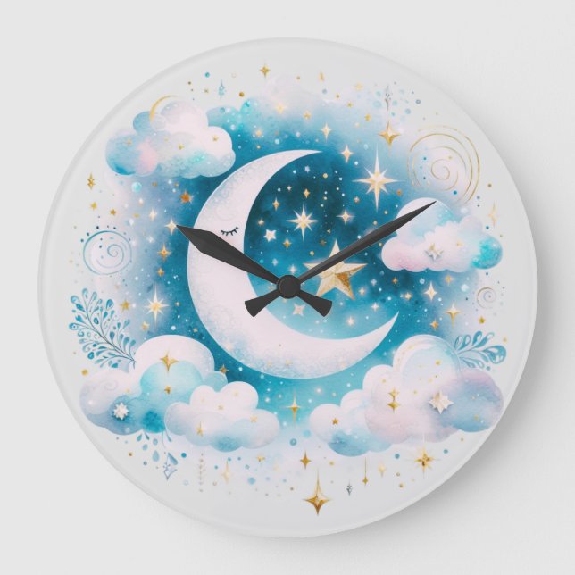Relógio Grande Lua Crescente Azul e Branco Boho Moderno Celestial (Frente)