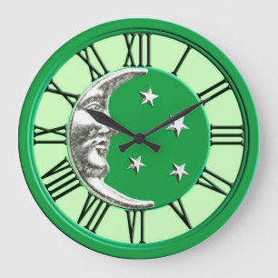 Relógio Grande Lua e estrelas do art deco - verde e prata de jade