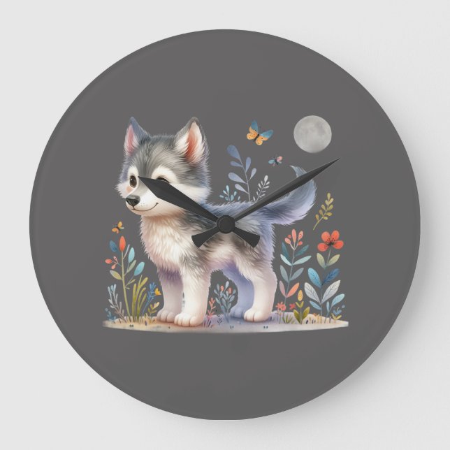 Relógio Grande Lunar Cub - Baby Wolf Wall Clock (Frente)