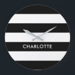 Relógio Grande Lúpulo Elegante Personalizado, preto e branco<br><div class="desc">Padrão de linha de faixa branca e preto-e-branco de Cute Original Personalizado</div>