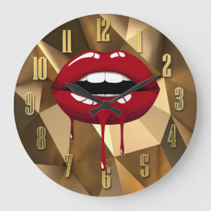 Relógio Grande Luxo Dourado Beleza Glam Gotas Vermelhas Lábios Go