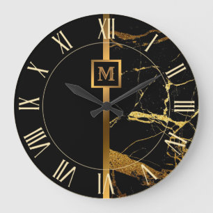 Relógio Grande Luxo Elegante Moderno Mármore Preto Dourado