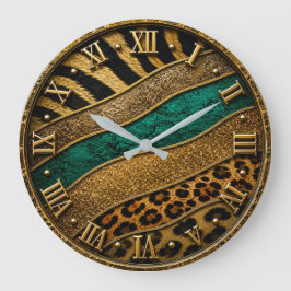 Relógio Grande Luxury Emerald & Gold Safari Leopard Zebra Glitter