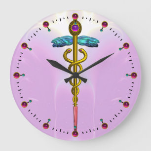 Relógio Grande Luz médica do símbolo do CADUCEUS DOURADO - rosa