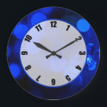 Relógio Grande Luzes azuis de férias<br><div class="desc">relógio de 10, 75" em acrílico redondo com uma imagem de luzes de férias azuis safiras. Face do relógio fácil de ler num círculo transparente branco com borda azul. Veja toda a coleção de Relógios de Chanucá sob a categoria HOME na seção HOLIDAYS.</div>