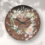 Relógio Grande Luzes de Corda de Madeira Floral Rustica Floral de<br><div class="desc">Apresentando uma delicada cor d'água,  terra floral e luzes bonito de cordas em um fundo de madeira rústica,  este relógio botânico do 50º aniversário de casamento pode ser personalizado com seus detalhes especiais de ouro,  em tipografia elegante. Projetado por Thisnotme©</div>