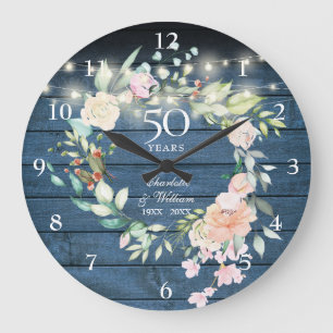 Relógio Grande Luzes de Corda Rústicas Florais do 50º Aniversário