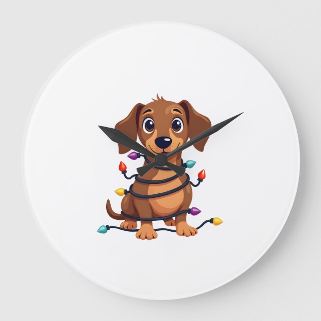 Relógio Grande Luzes de Dachshund de Natal (Frente)