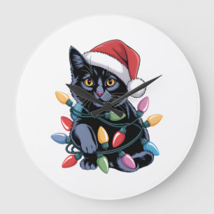 Relógio Grande Luzes de Natal de Gato Preto Amante de Gato Engraç