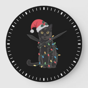 Relógio Grande Luzes de Natal de Gato Preto Malandro com Chapéu d