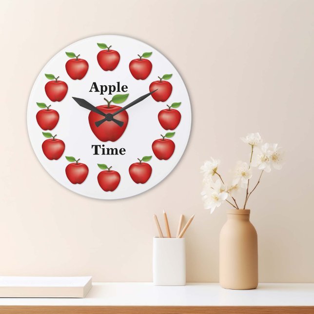 Relógio Grande Maçã, Red Delicious (Red Delicious Apples Large Clock. It’s Apple Time! An original drawing from my garden. )