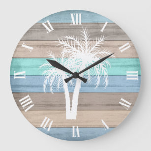 Relógio Grande Madeira de praia rusta náutica e stripes palmeiras