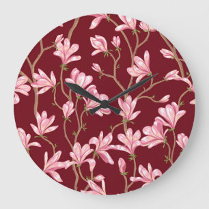 Relógio Grande Magnolia Branches: Ilustração Vintage em Sangue.