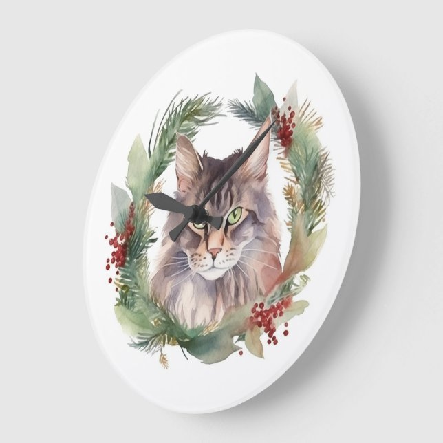 Relógio Grande Maine Coon Cat Wreath Festivo Kitten (Ângulo)