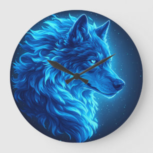 Relógio Grande Majestoso Lobo Azul Brilhante Arte de Fantasia da