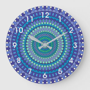 Relógio Grande Mandala azul turquesa e azul-esverdeado