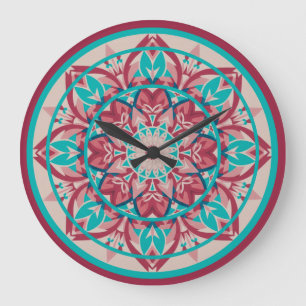Relógio Grande Mandala Boho Rosa e Turquesa