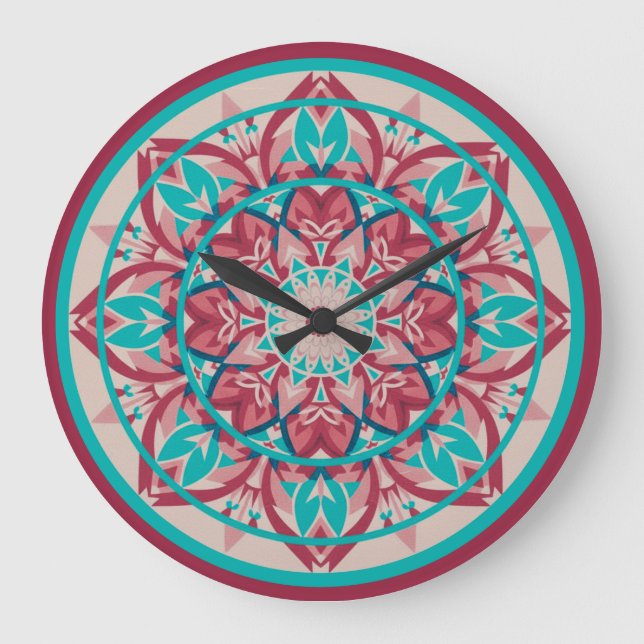 Relógio Grande Mandala Boho Rosa e Turquesa (Frente)