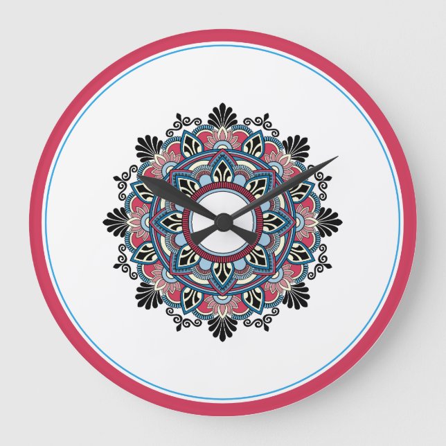 Relógio Grande Mandala em rosa e azul (Frente)