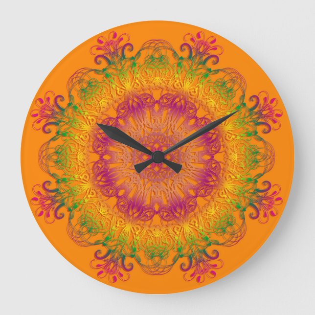 Relógio Grande Mandala floral étnica em fundo laranja. (Frente)