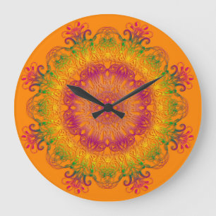 Relógio Grande Mandala floral étnica no fundo alaranjado