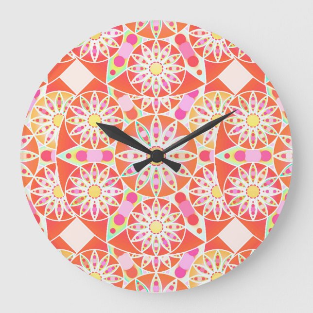 Relógio Grande Mandala pattern, coral red, pink, gold (Frente)