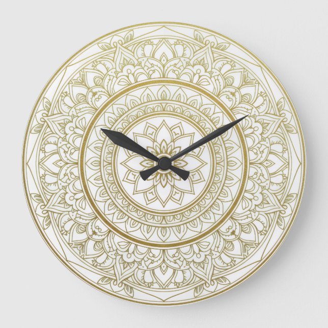 Relógio Grande Mandala Zen Wall Clock - Dourado e branco Espiritu (Frente)