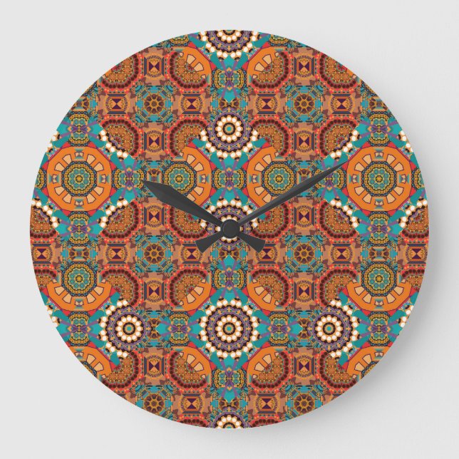 Relógio Grande Mandalas Caleidoscópio: Laranja Azul Marrom. (Frente)