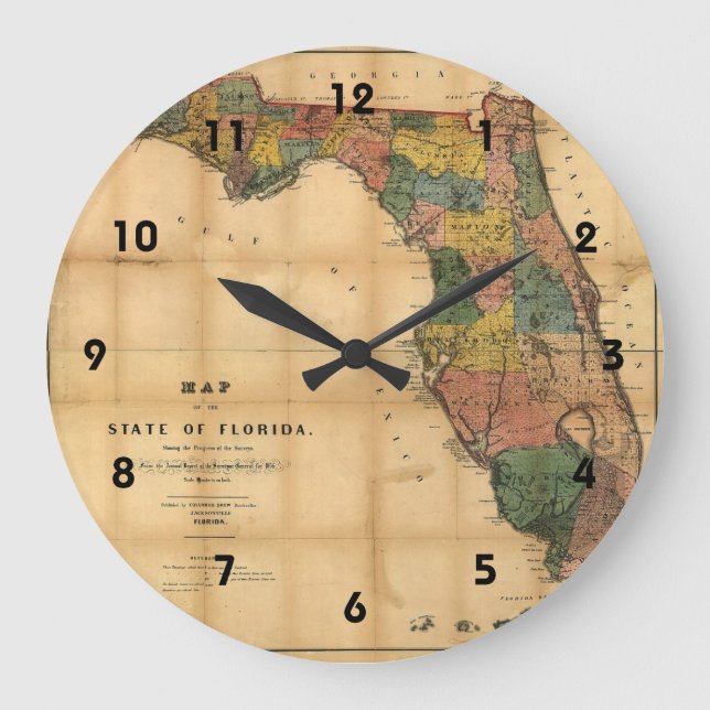 Relógio Grande Mapa do Estado da Flórida de 1856 por Columbus Dre (Frente)