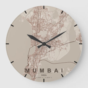 Relógio Grande Mapa Minimalista da Cidade de Mumbai, Índia