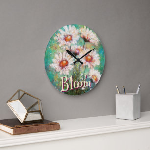 Relógio Grande Margaridas Floral Impressionista Azul Personalizad