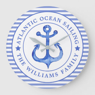 Relógio Grande Marinho de Âncora Náutica Azul Striped Personali