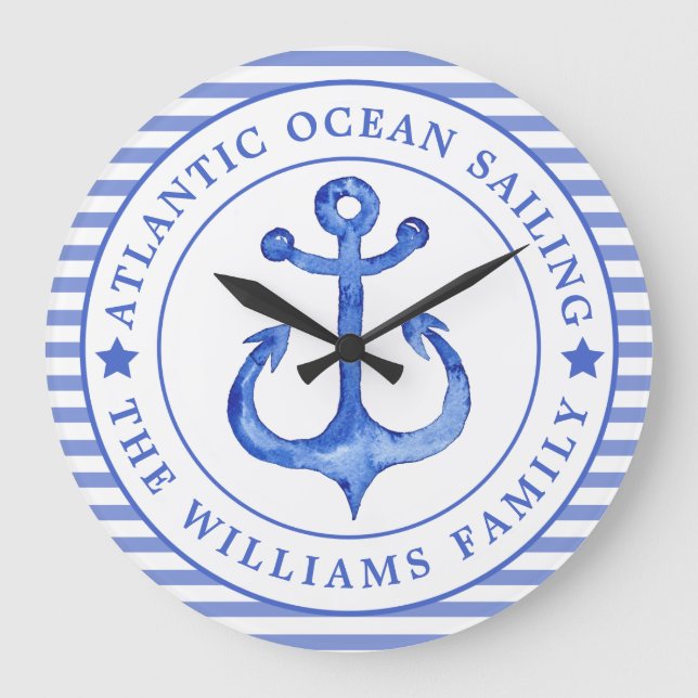 Relógio Grande Marinho de Âncora Náutica Personalizado Azul (Frente)