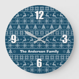 Relógio Grande Marinho Nórdico Moderno - Knit Febre - Nome Branco