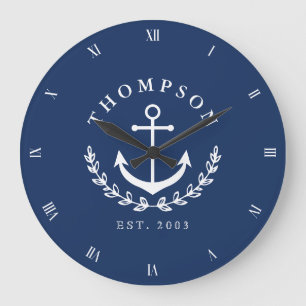 Relógio Grande Marinho White Anchor Wreath Náutica Nome e Ano Le