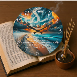 Relógio Grande Mark 11:24 Cross Sunset Ocean Faith