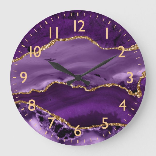Relógio Grande Mármore Ágata Brilho Roxo e Dourado Falso (Frente)